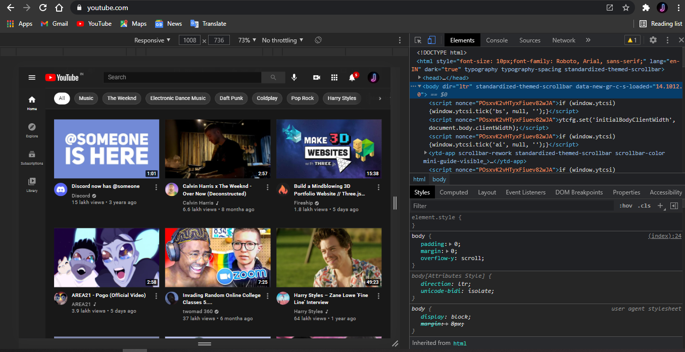 The website inspect menu for YouTube